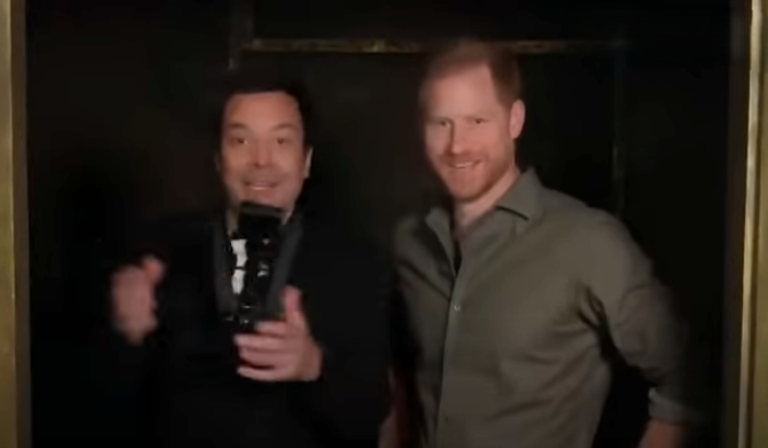 Prince Harry with Jimmy Fallon in the Haunted Mansion