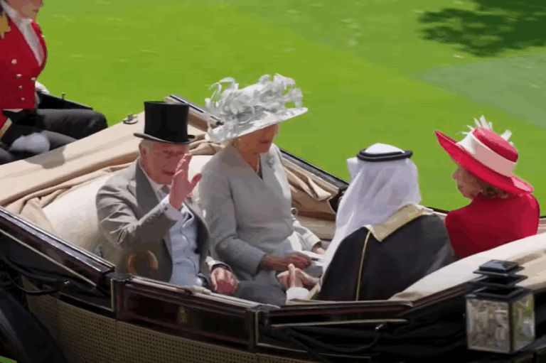 King Charles and Camilla in the first carriage at the Royal Ascot